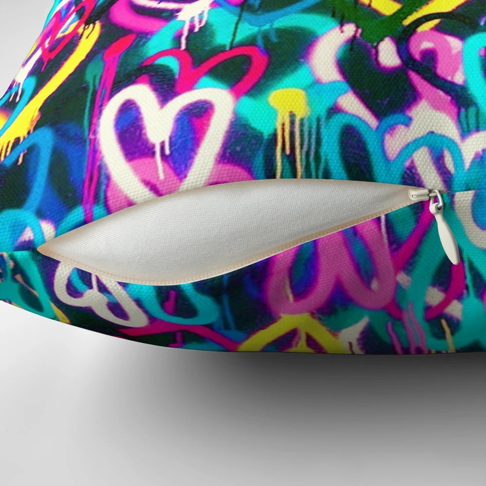 Colorful heart-themed decorative pillow featuring urban street art-inspired design