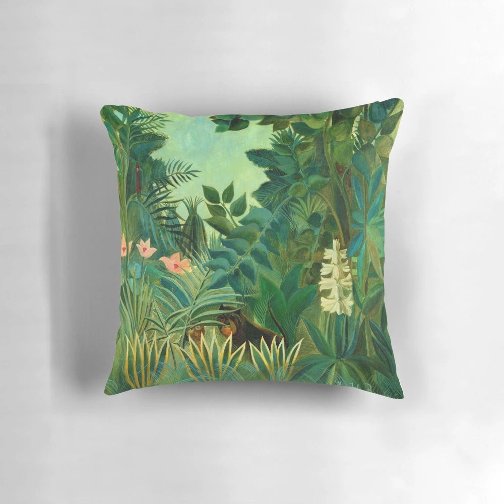A decorative pillow featuring a colorful, whimsical jungle scene inspired by the post-impressionist painter Henri Rousseau.