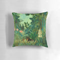 A decorative pillow featuring a colorful, whimsical jungle scene inspired by the post-impressionist painter Henri Rousseau.