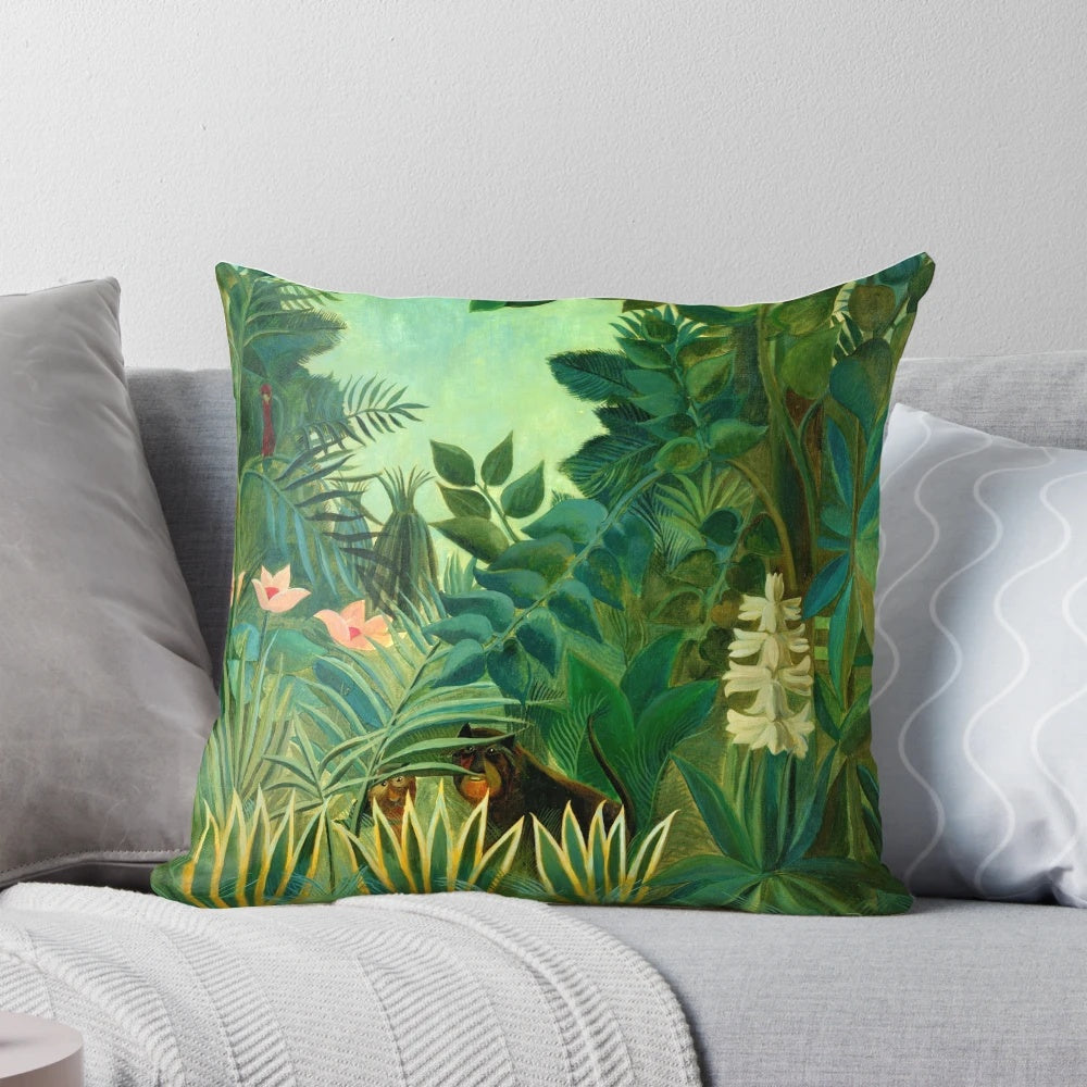 A decorative pillow featuring a colorful, whimsical jungle scene inspired by the post-impressionist painter Henri Rousseau.
