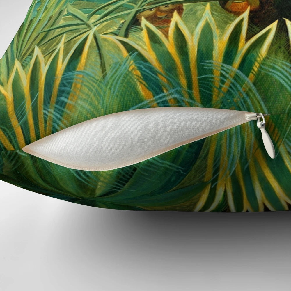 A decorative pillow featuring a colorful, whimsical jungle scene inspired by the post-impressionist painter Henri Rousseau.