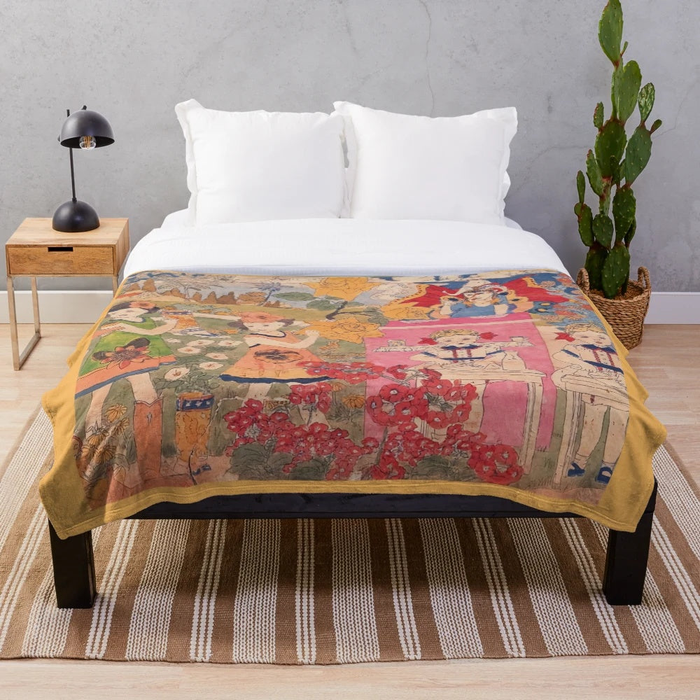 Colorful plush blanket featuring Henry Darger-inspired art