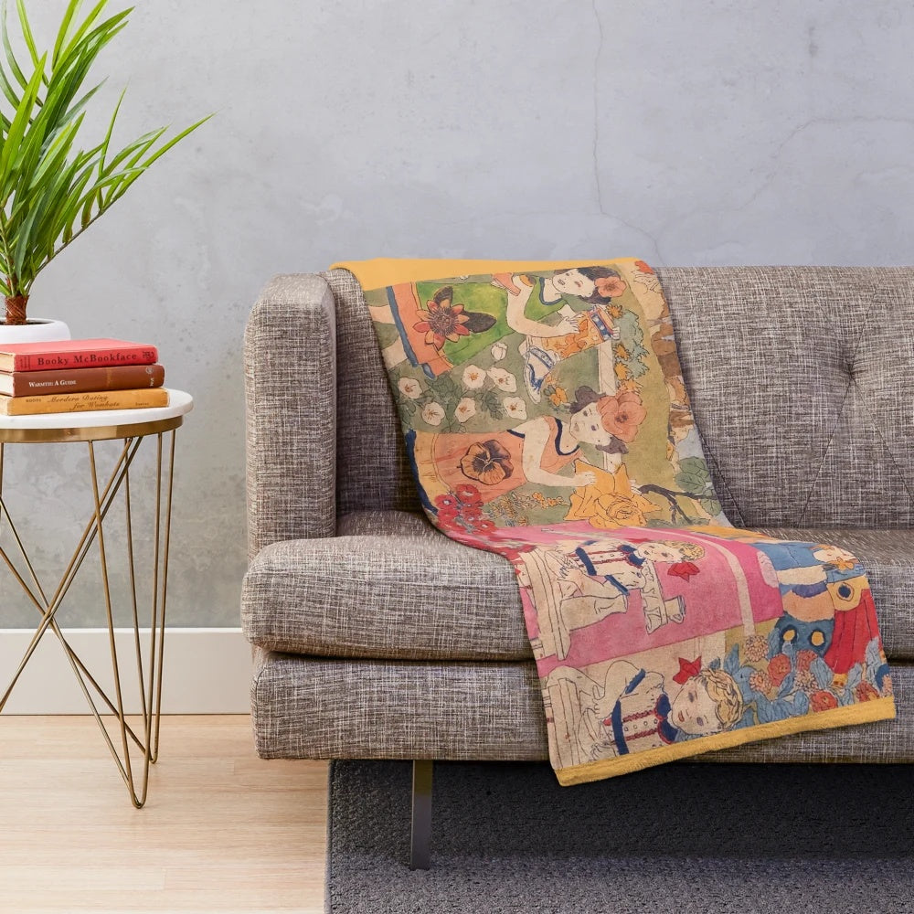 Colorful plush blanket featuring Henry Darger-inspired art