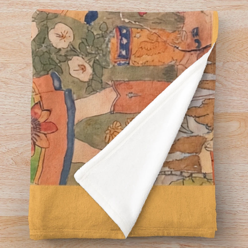 Colorful plush blanket featuring Henry Darger-inspired art