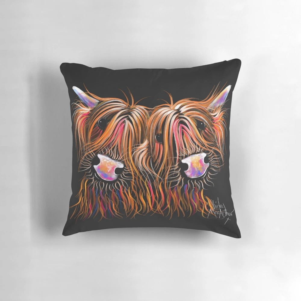 Colorful painting of a Highland cow printed on a soft, plush pillow for home decor