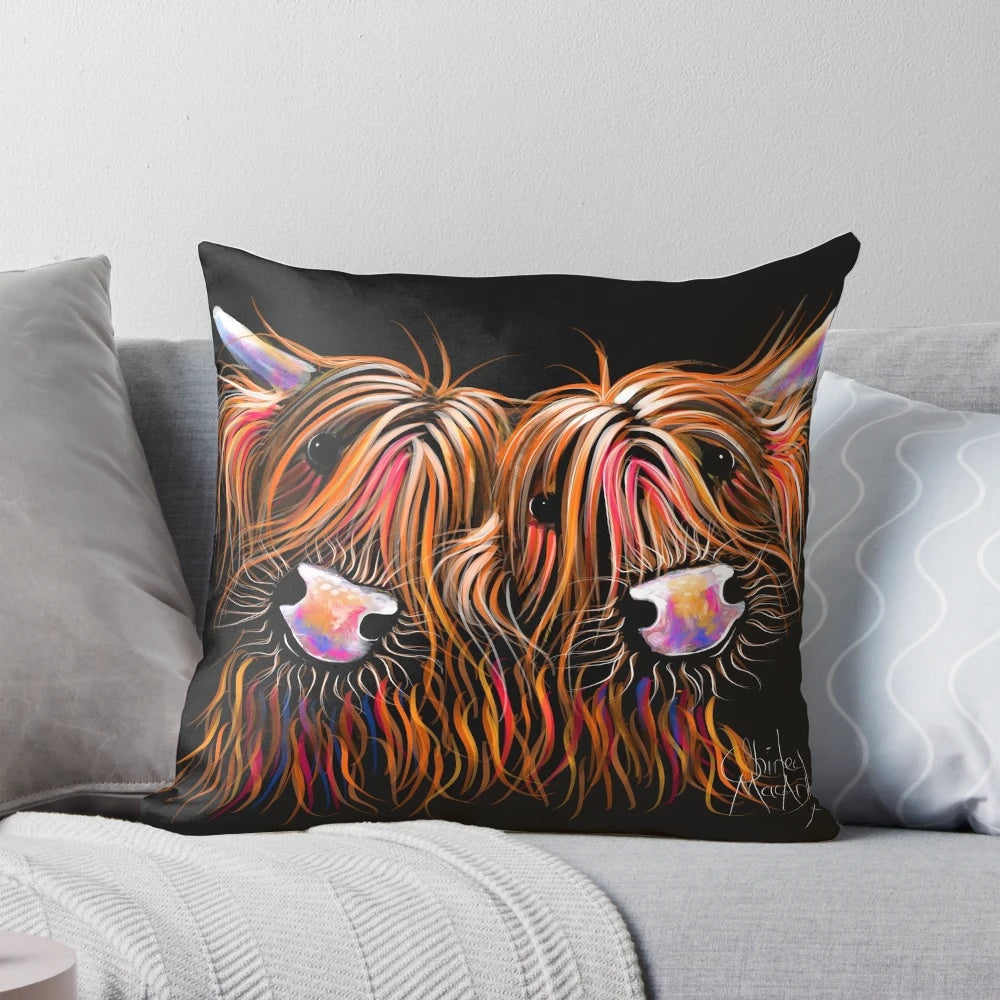 Colorful painting of a Highland cow printed on a soft, plush pillow for home decor