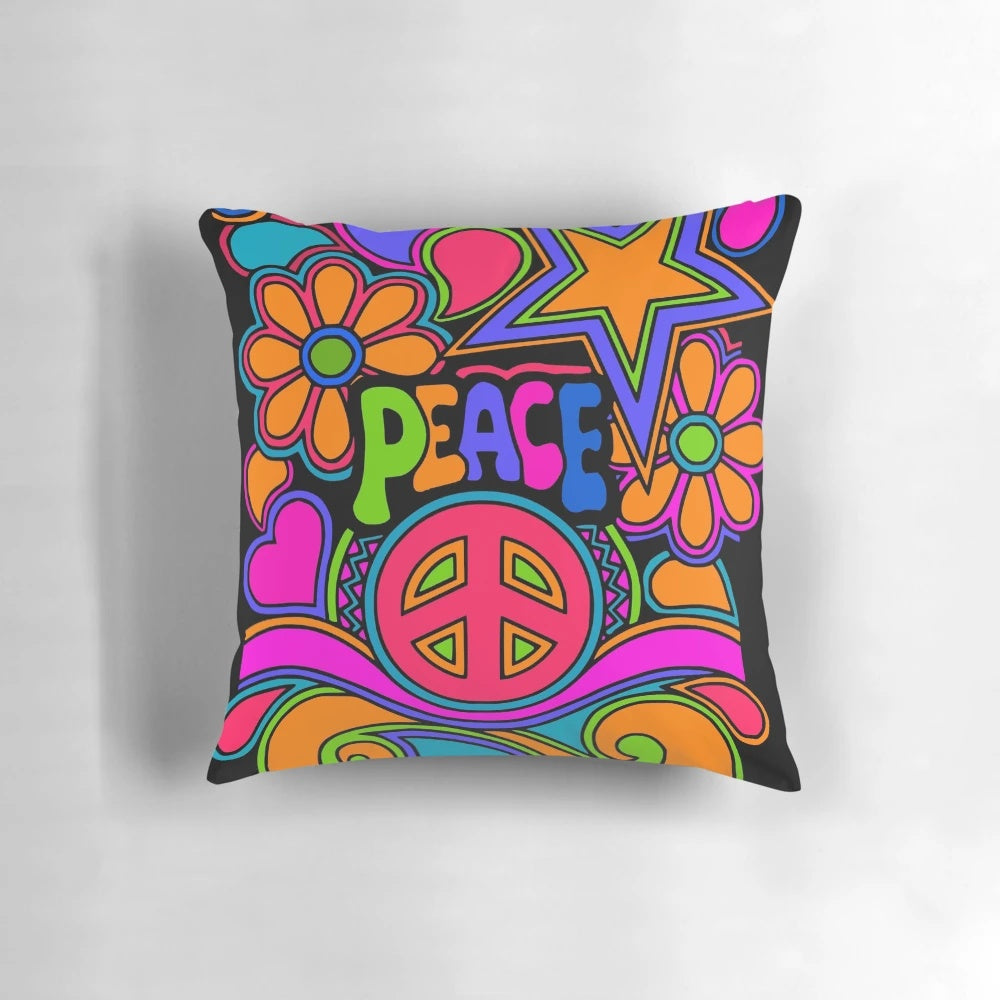 Colorful flower power pillow with a vintage, hippie-inspired design