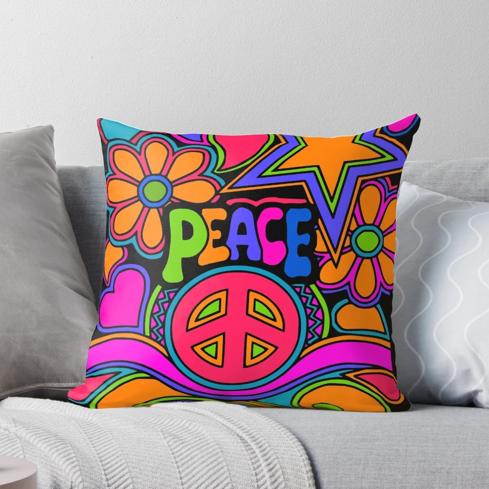Colorful flower power pillow with a vintage, hippie-inspired design