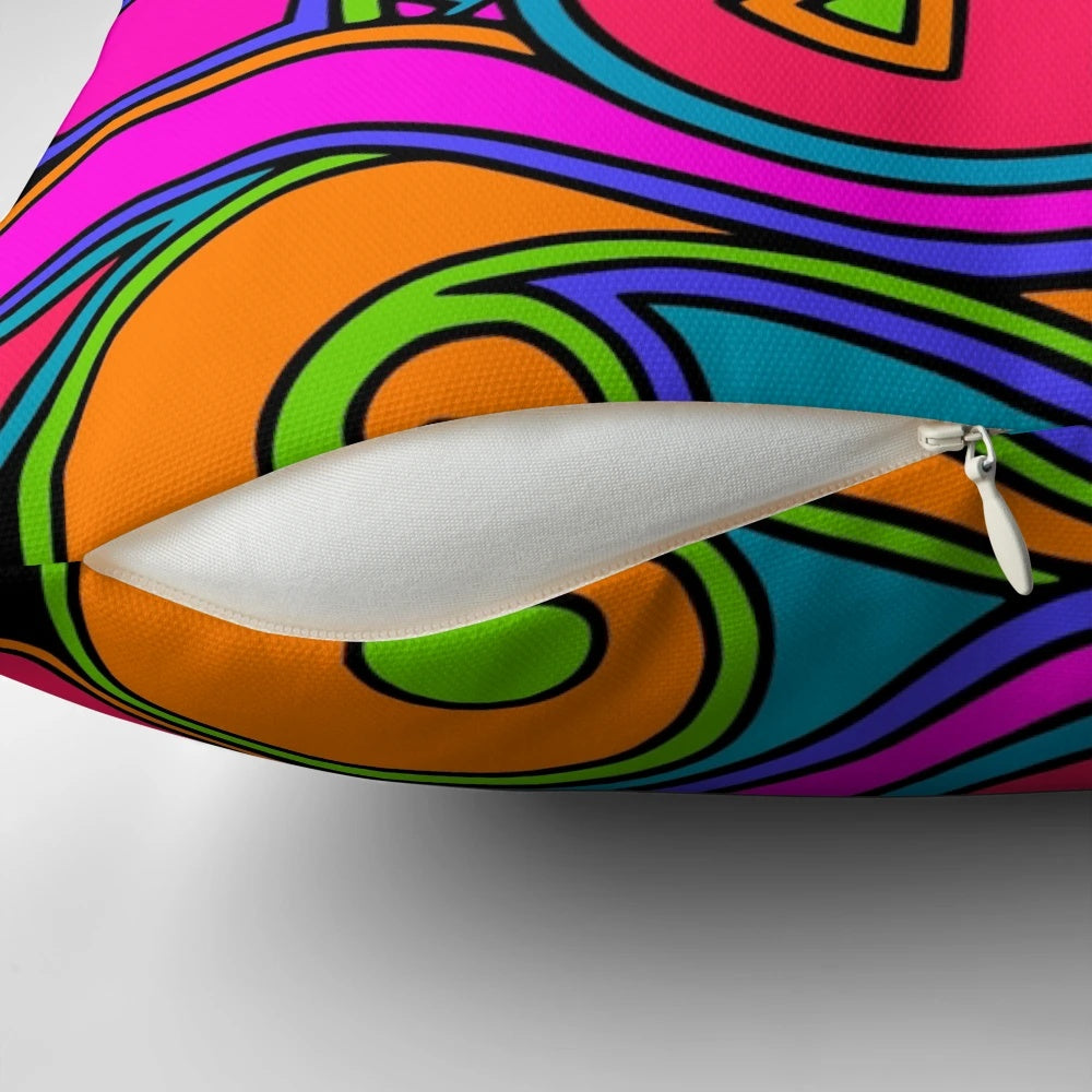 Colorful flower power pillow with a vintage, hippie-inspired design