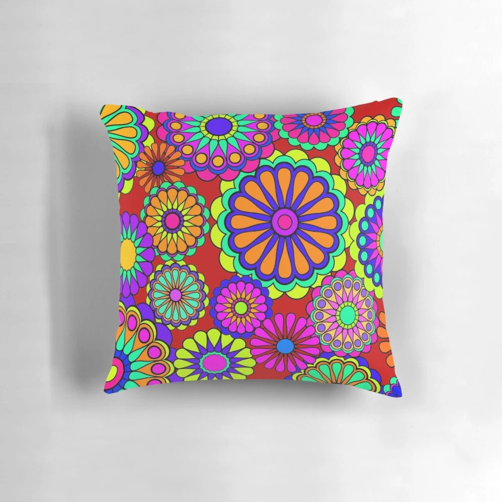 Colorful retro-style floral pattern pillow with 1960s and 1970s inspired flower power design