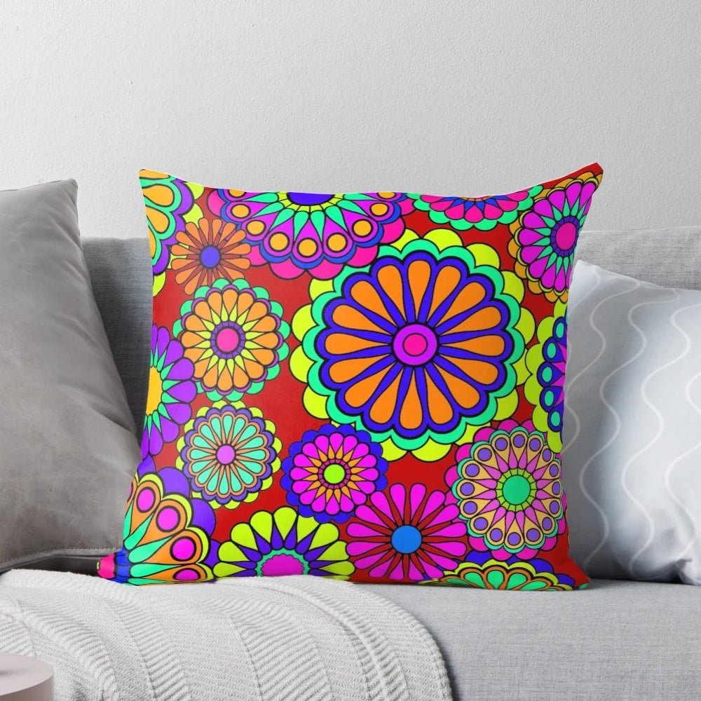 Colorful retro-style floral pattern pillow with 1960s and 1970s inspired flower power design