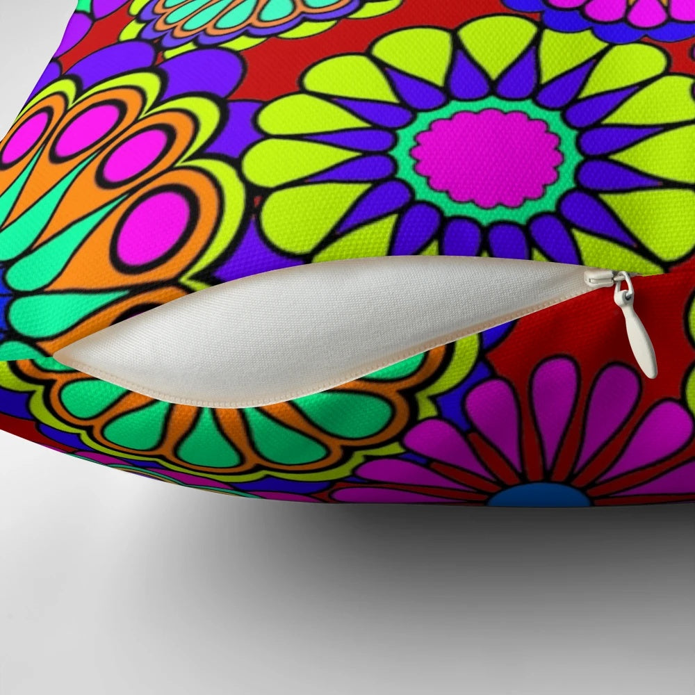 Colorful retro-style floral pattern pillow with 1960s and 1970s inspired flower power design