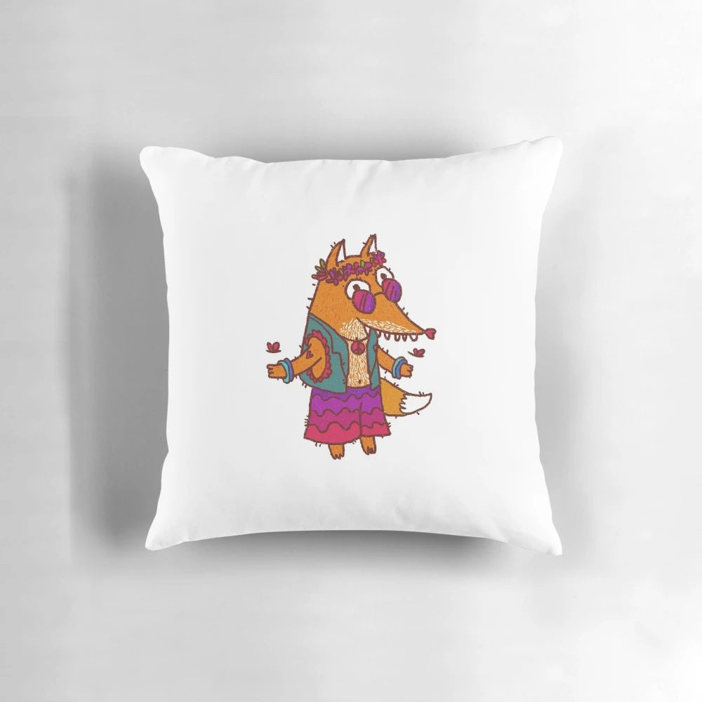 Colorful and whimsical digital art depiction of a hippie-inspired fox character on a throw pillow