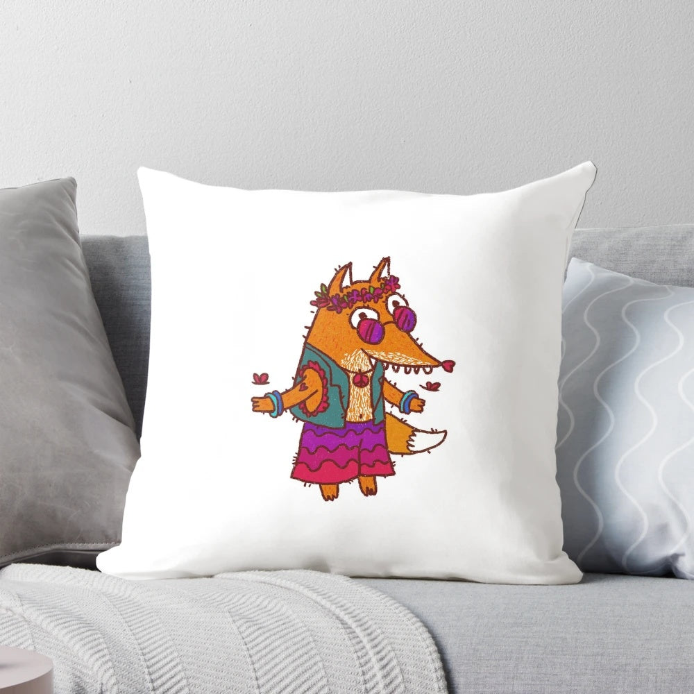 Colorful and whimsical digital art depiction of a hippie-inspired fox character on a throw pillow