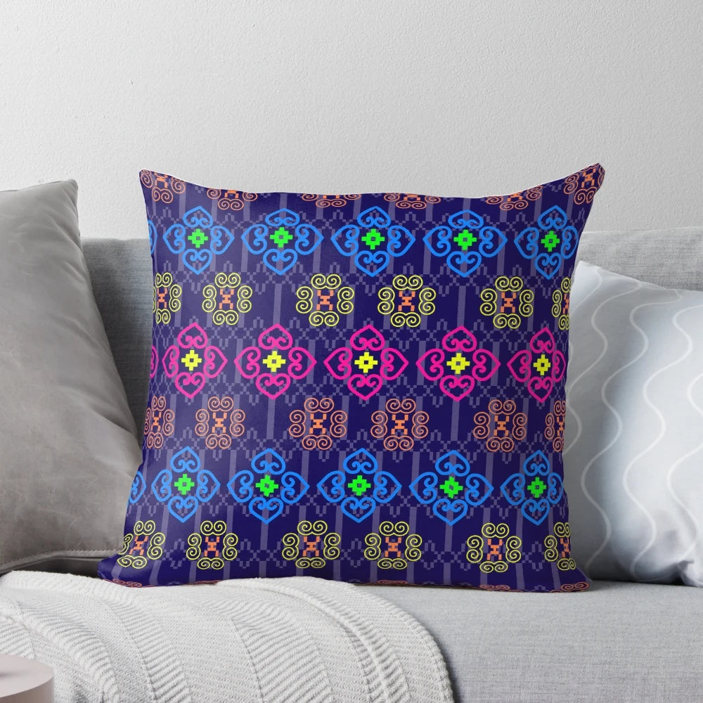 Hmong tribal patterns pillow with vibrant nature-inspired abstract designs