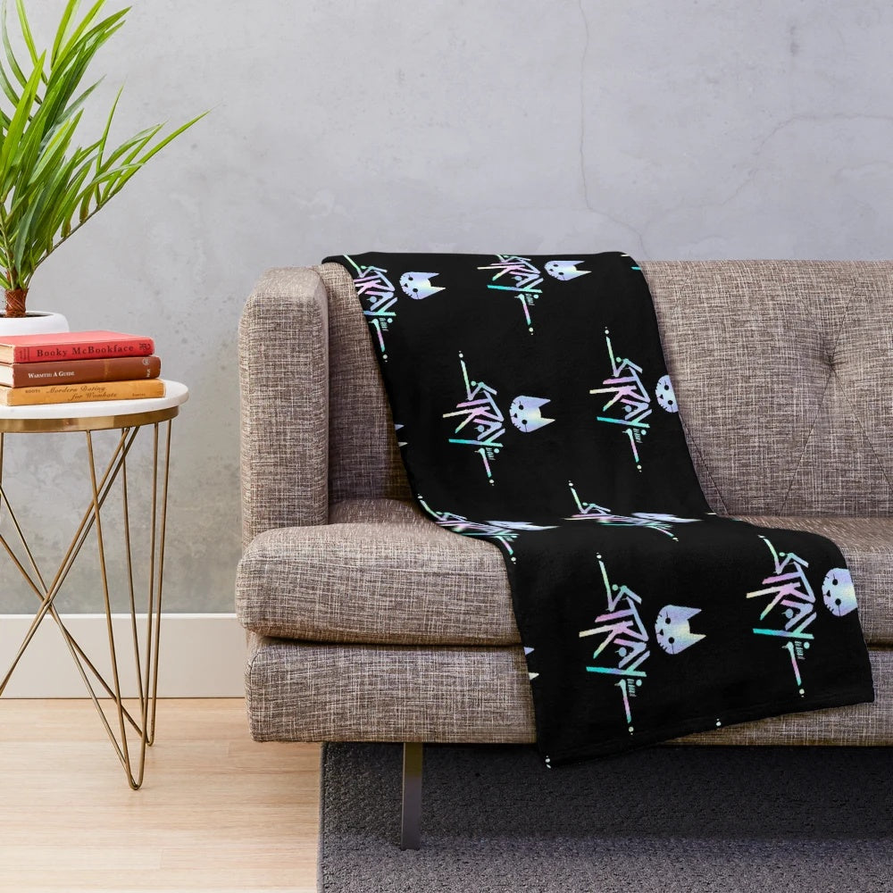 Holographic iridescent plush blanket featuring the iconic Stray game logo in a pastel color palette