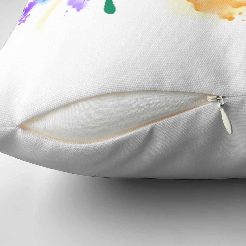 A Pillow featuring a detailed illustration of a honeybee surrounded by lavender and abstract floral patterns in shades of pink and purple.