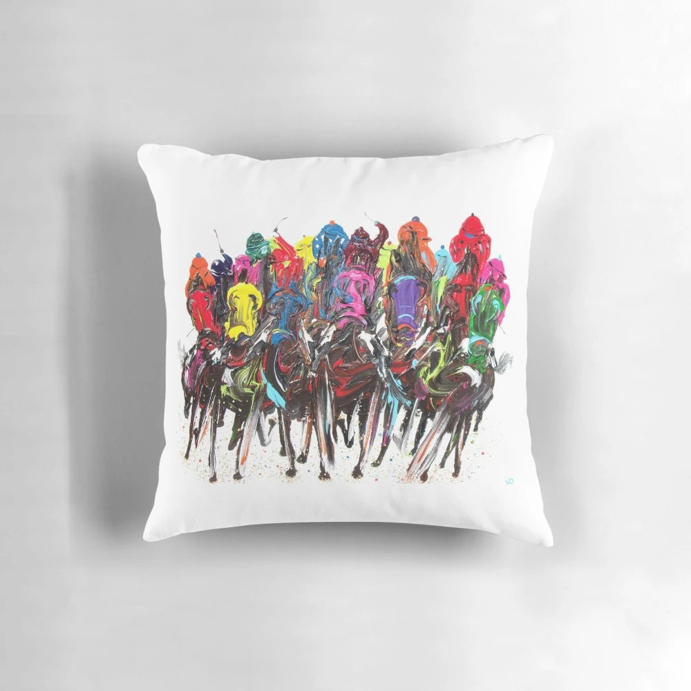 Colorful horse race pillow featuring thoroughbreds, perfect for equestrian home decor