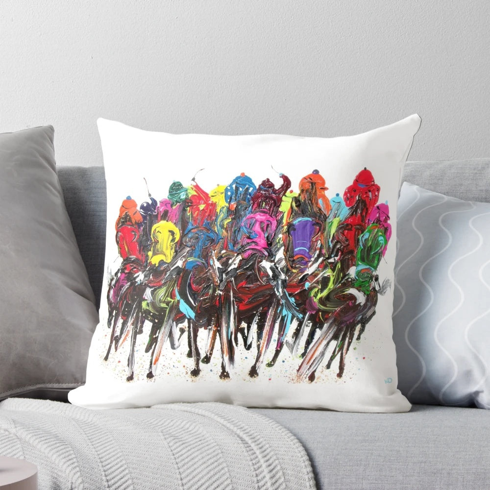 Colorful horse race pillow featuring thoroughbreds, perfect for equestrian home decor