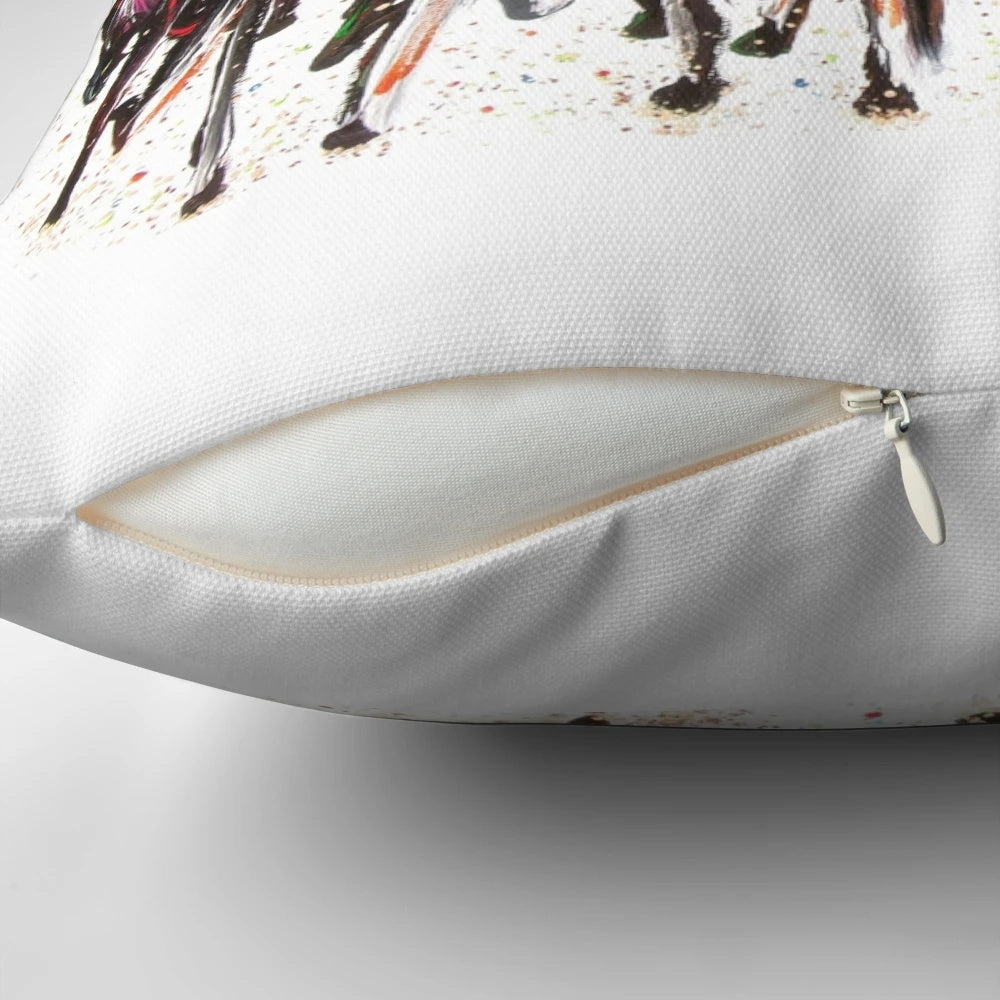 Colorful horse race pillow featuring thoroughbreds, perfect for equestrian home decor
