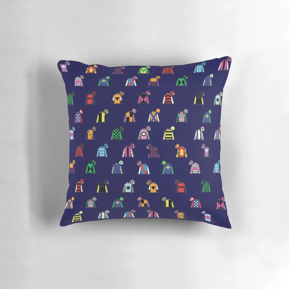 Colorful throw pillow featuring a horse racing jockey silk print design, perfect for equestrian-themed home decor.