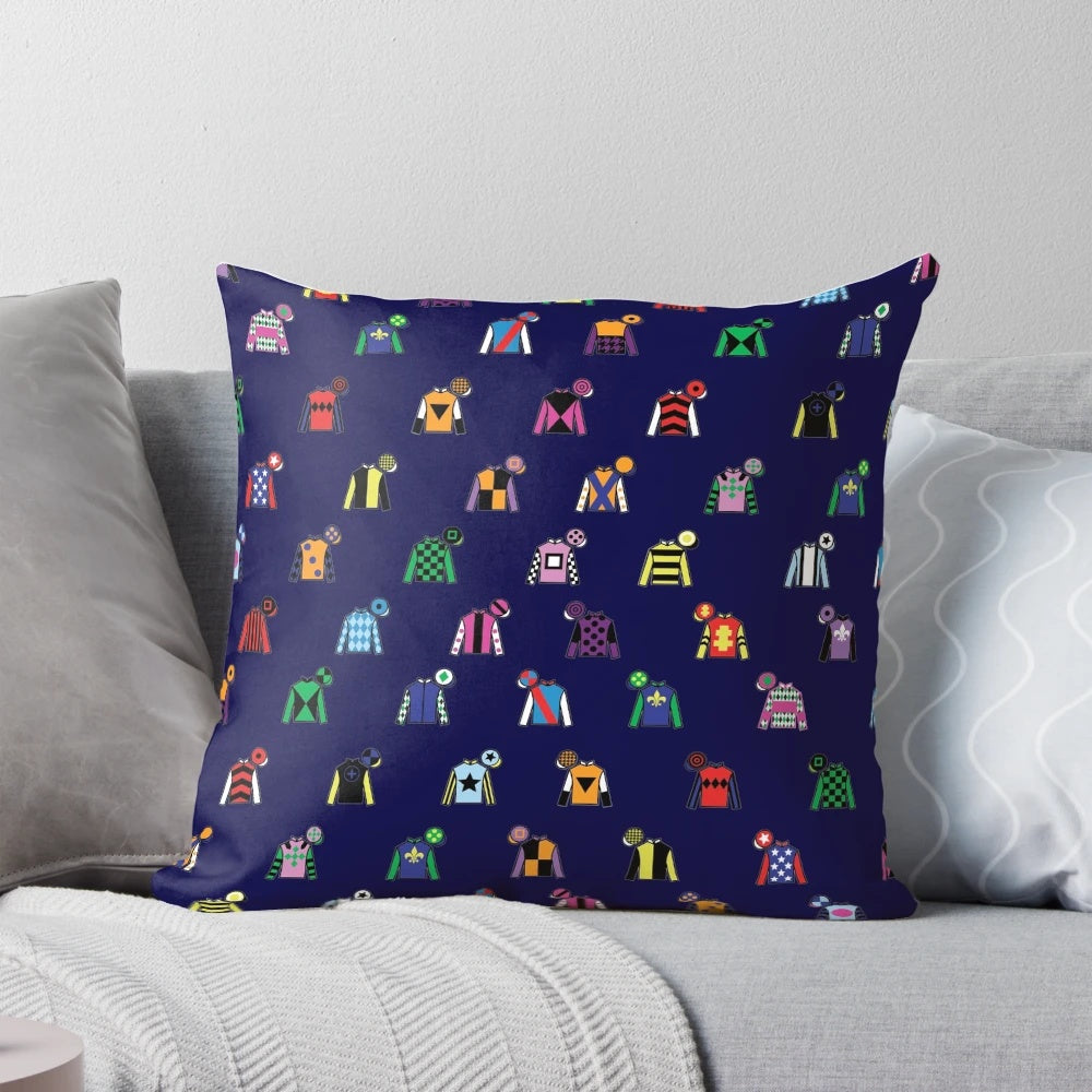 Colorful throw pillow featuring a horse racing jockey silk print design, perfect for equestrian-themed home decor.