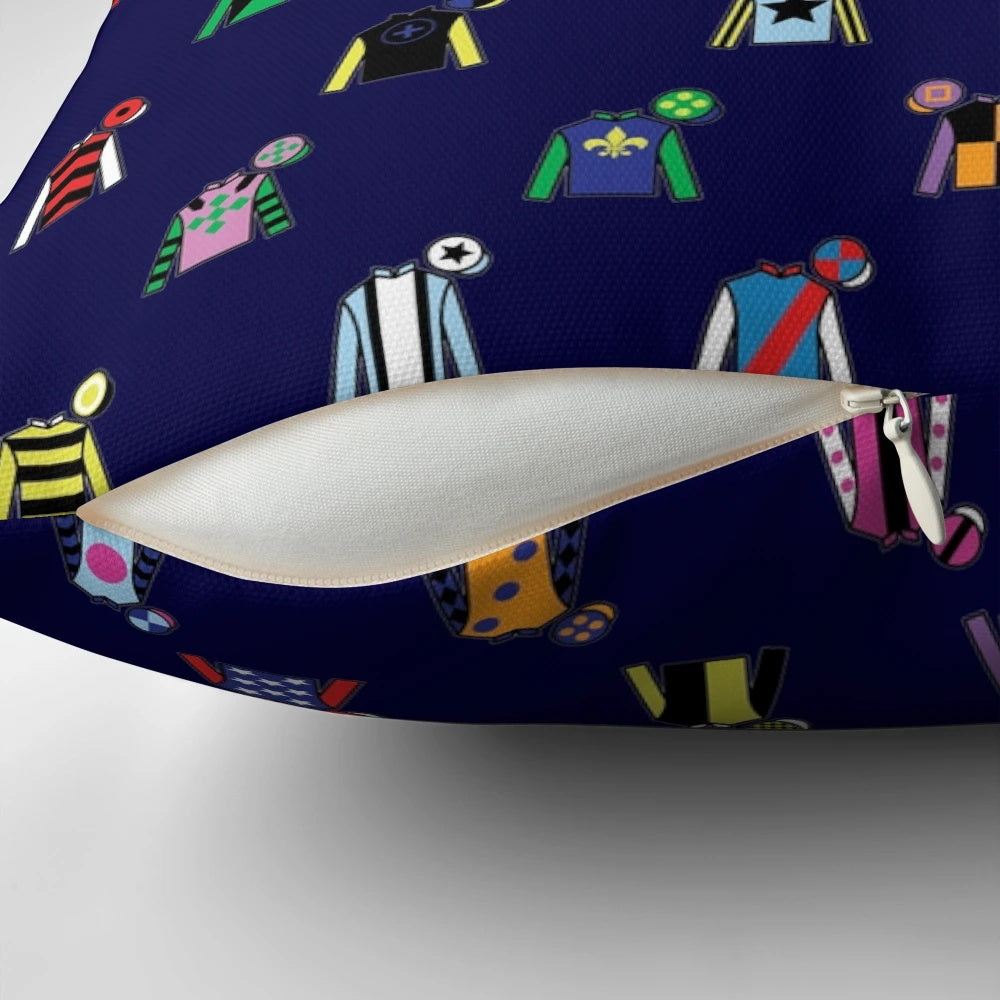 Colorful throw pillow featuring a horse racing jockey silk print design, perfect for equestrian-themed home decor.