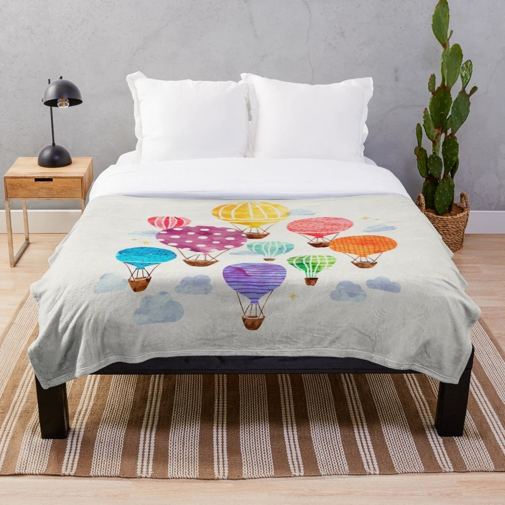 Colorful hot air balloon plush blanket with hand-painted watercolor design