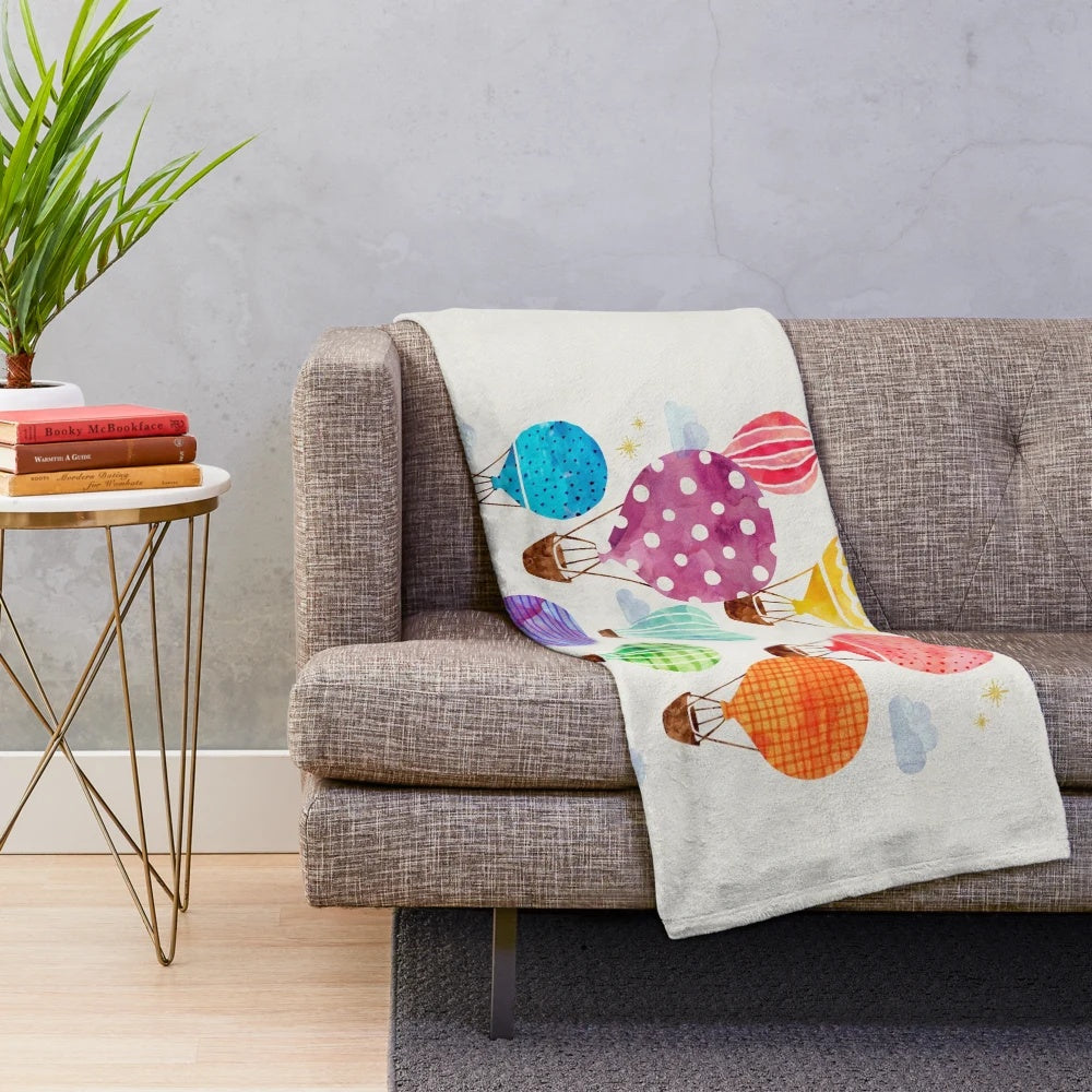 Colorful hot air balloon plush blanket with hand-painted watercolor design