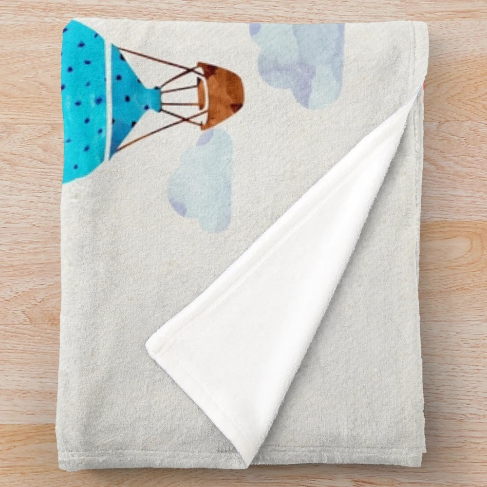 Colorful hot air balloon plush blanket with hand-painted watercolor design