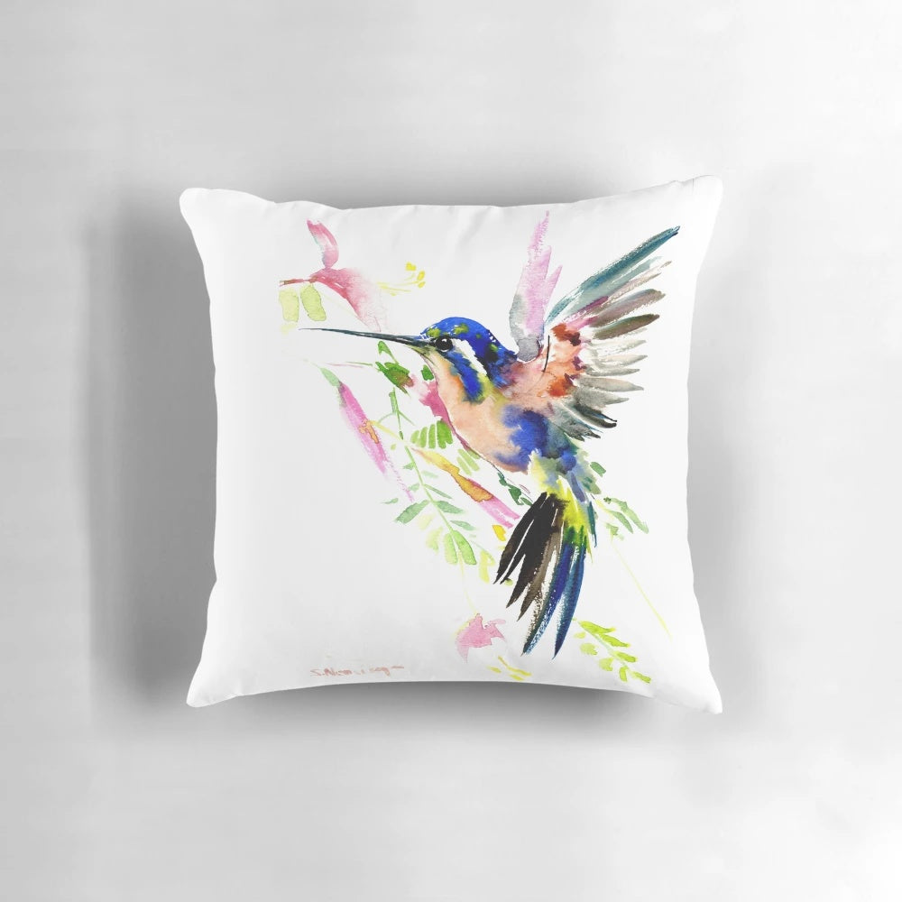 Stunning watercolor painting of a hummingbird in vibrant blue-green colors