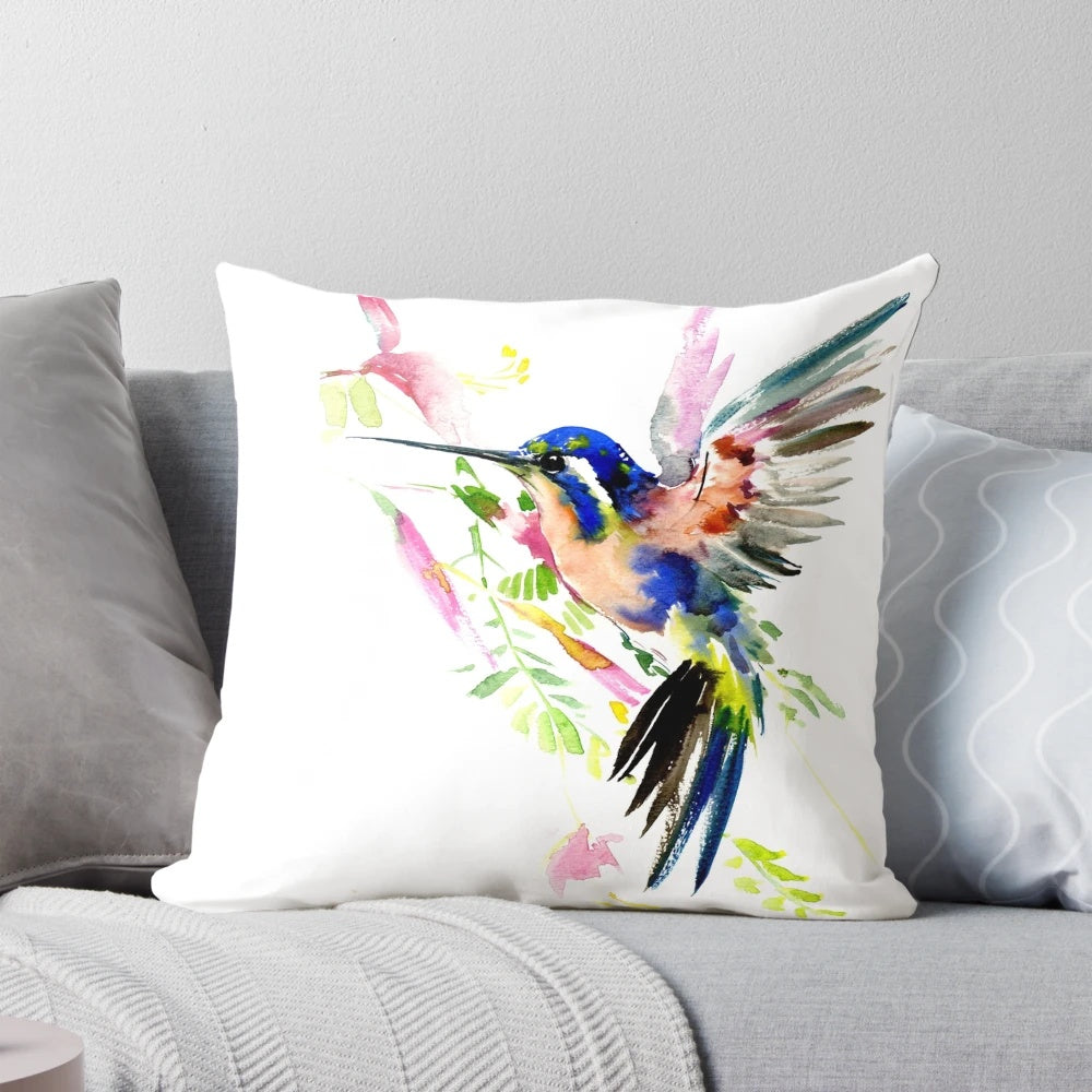 Stunning watercolor painting of a hummingbird in vibrant blue-green colors
