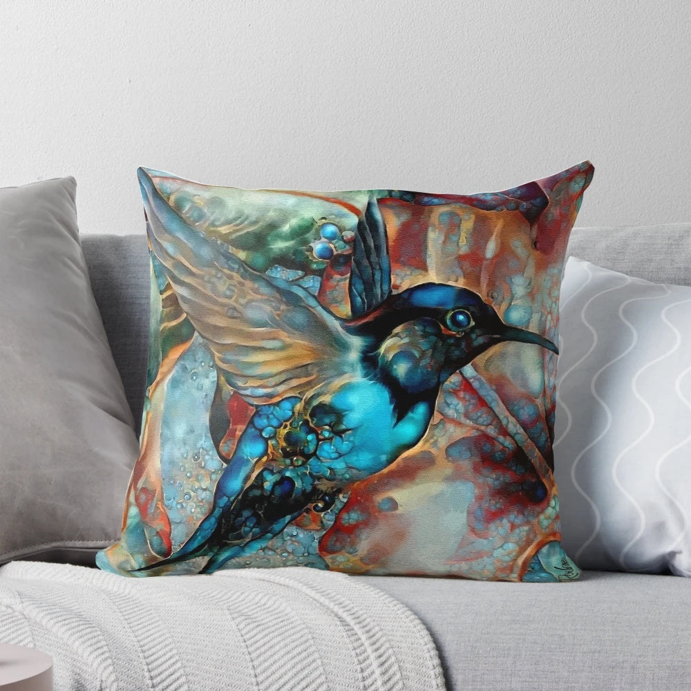 Colorful Pillow featuring a Realistic Hummingbird Painting by Renowned Artist Lea Roche