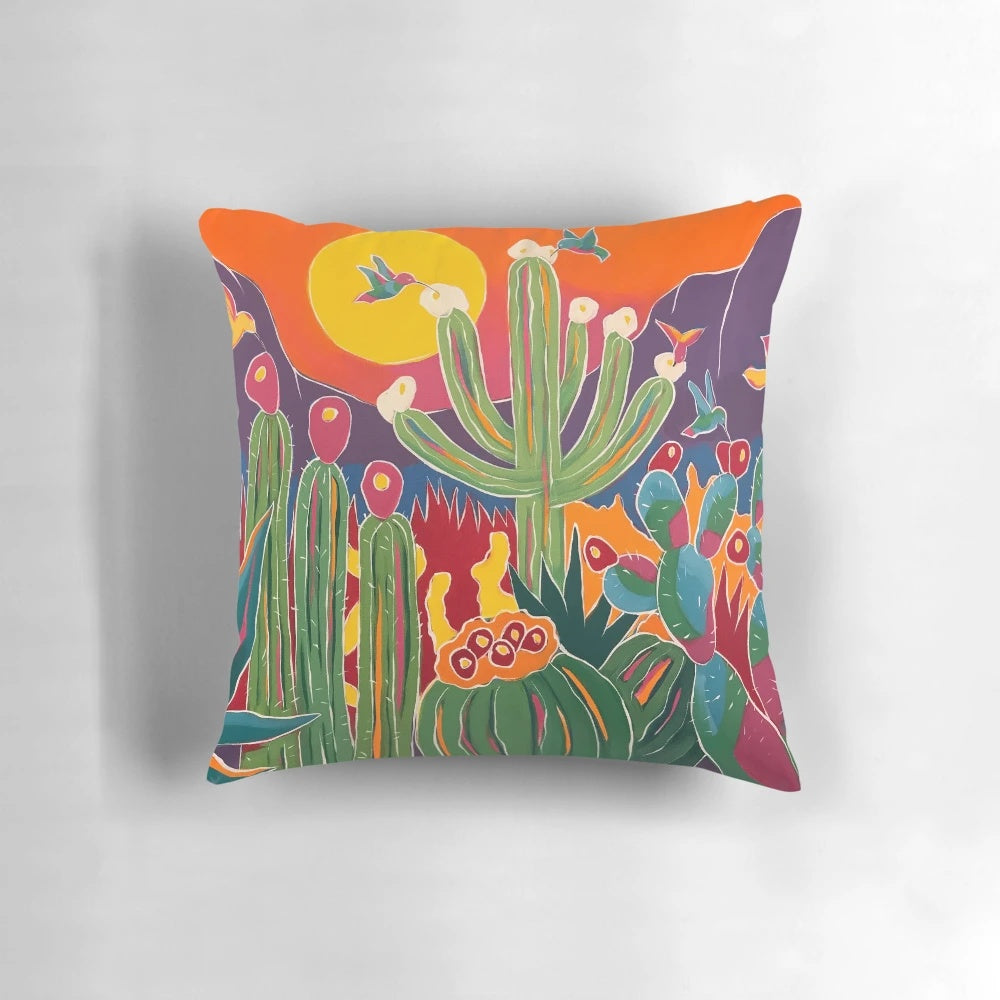 A decorative throw pillow featuring a hummingbird perched on a cactus, set against a vibrant desert landscape.