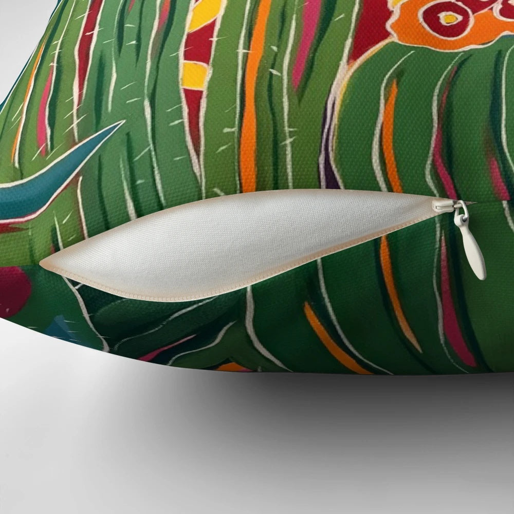 A decorative throw pillow featuring a hummingbird perched on a cactus, set against a vibrant desert landscape.