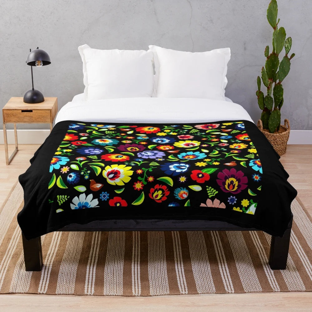 Hungarian folk pattern plush blanket with colorful floral and ethnic Slavic design