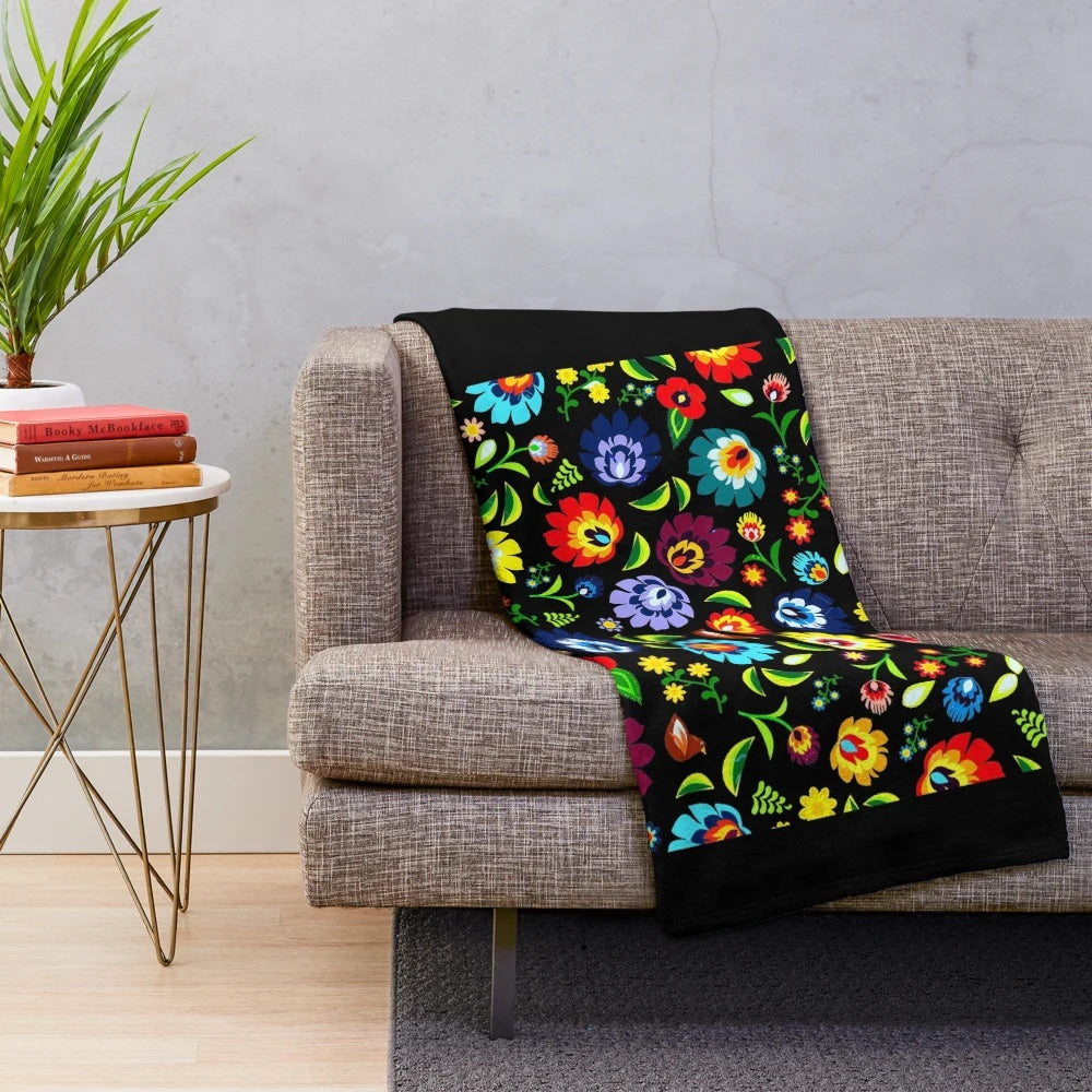 Hungarian folk pattern plush blanket with colorful floral and ethnic Slavic design