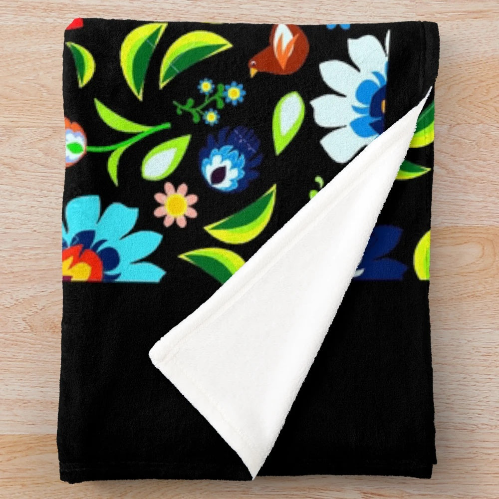 Hungarian folk pattern plush blanket with colorful floral and ethnic Slavic design