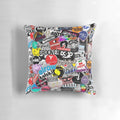 Colorful pillow featuring popular Ibiza club logos and names
