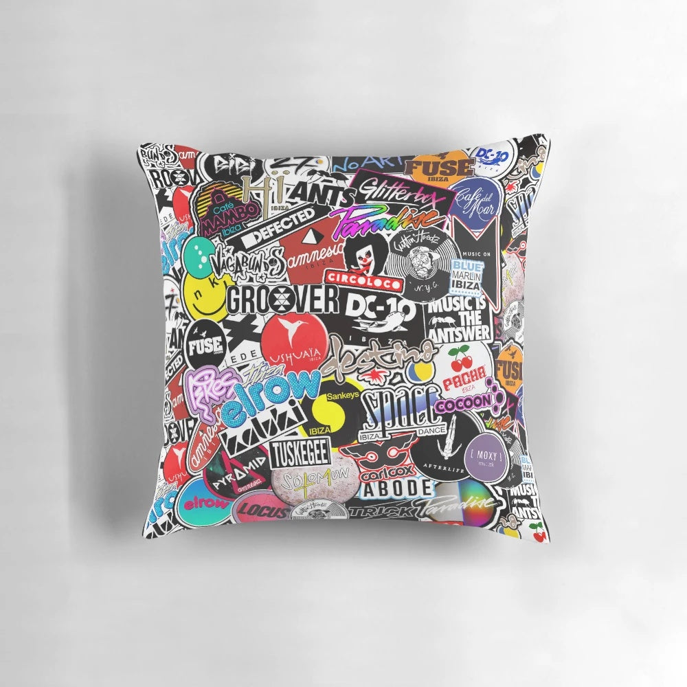 Colorful pillow featuring popular Ibiza club logos and names