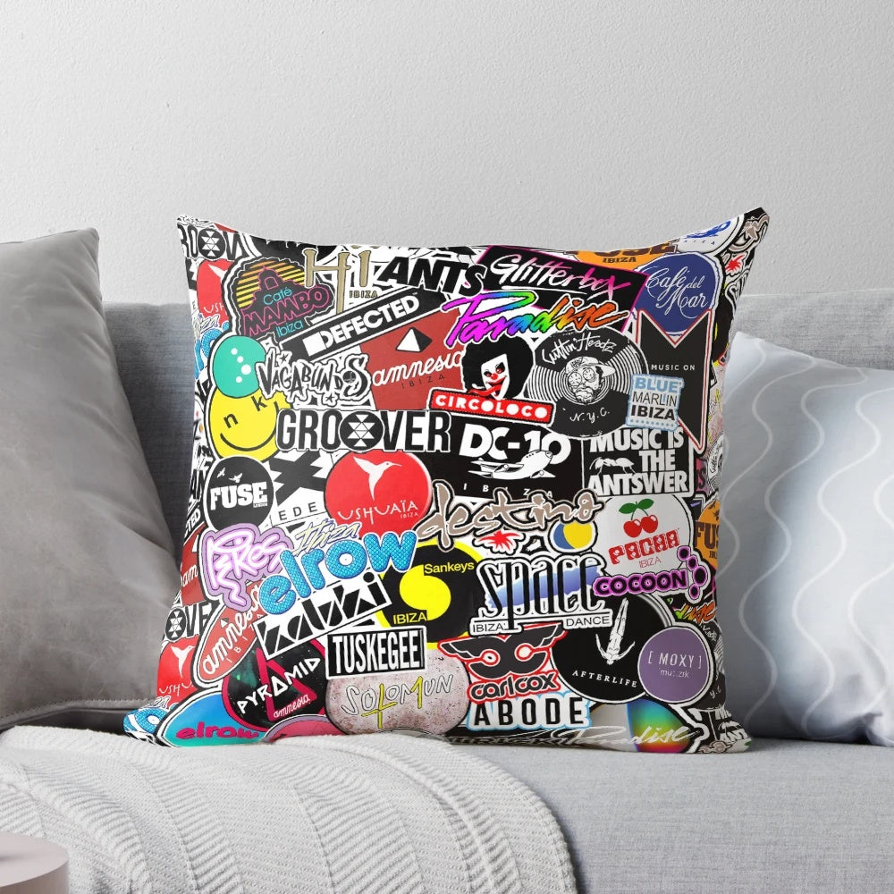 Colorful pillow featuring popular Ibiza club logos and names