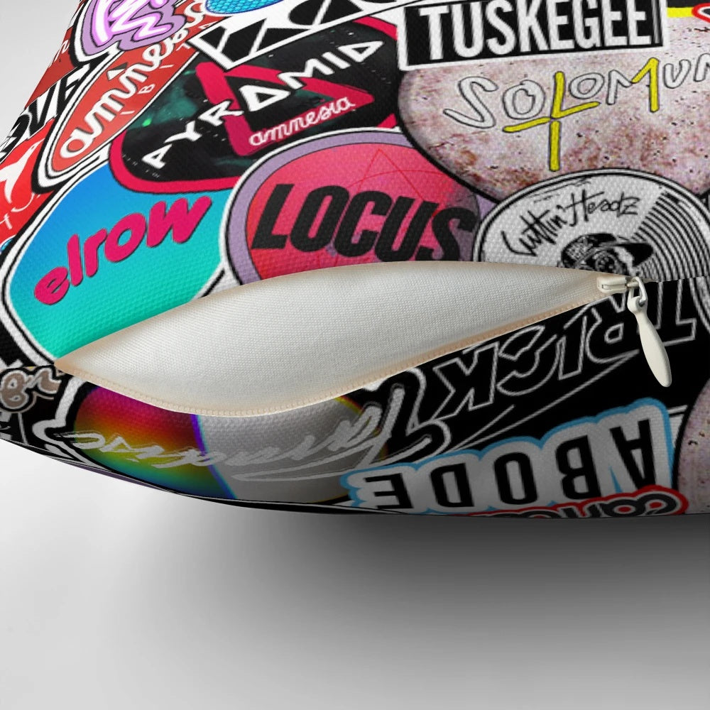 Colorful pillow featuring popular Ibiza club logos and names