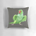 Colorful throw pillow featuring a detailed illustration of an Indian ringneck parrot