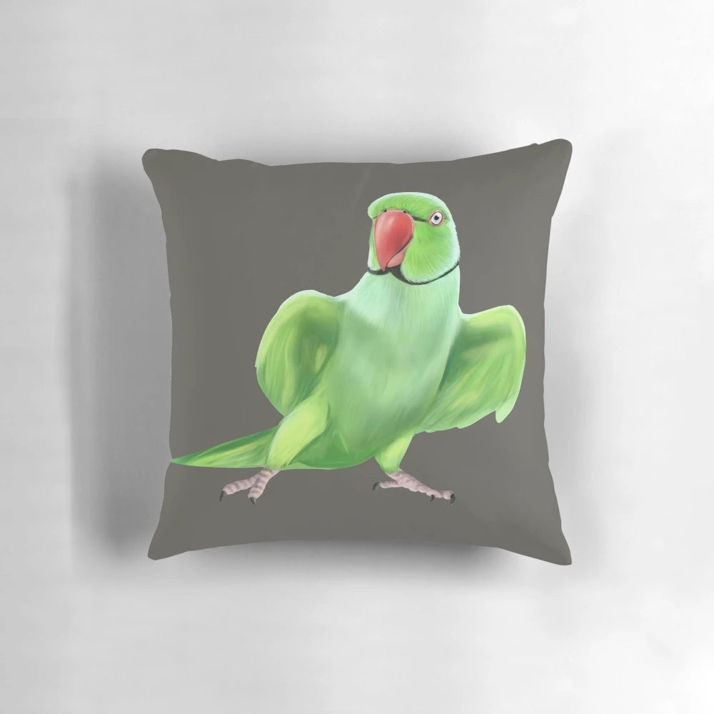 Colorful throw pillow featuring a detailed illustration of an Indian ringneck parrot