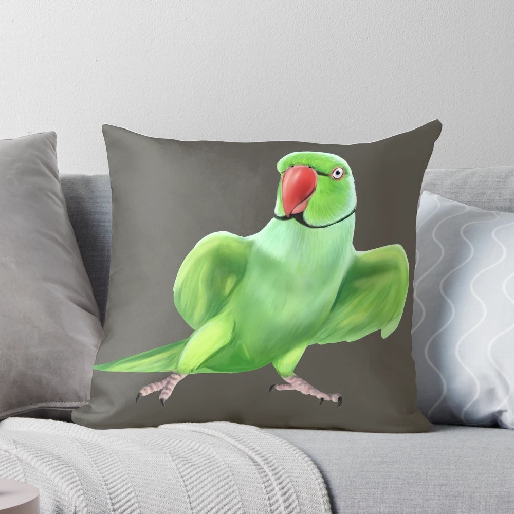 Colorful throw pillow featuring a detailed illustration of an Indian ringneck parrot