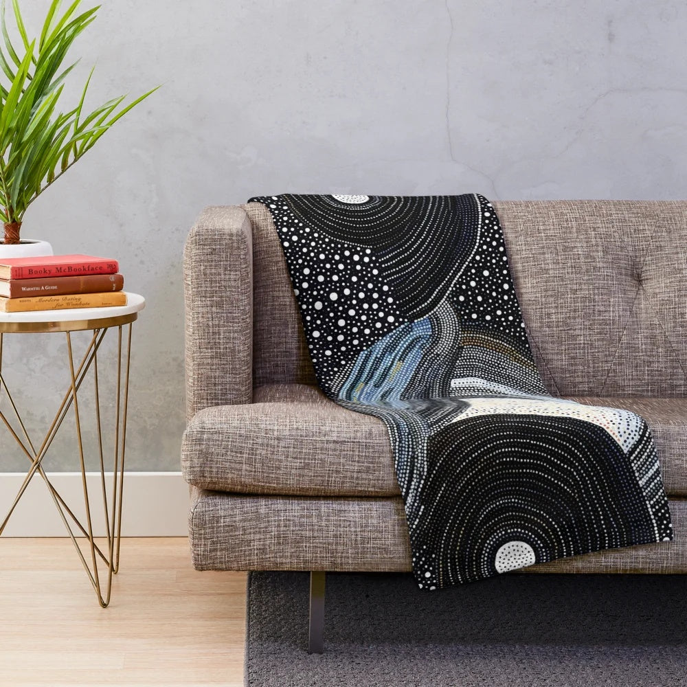 Plush blanket with indigenous-inspired artwork featuring native patterns, tribal designs, and sacred geometry