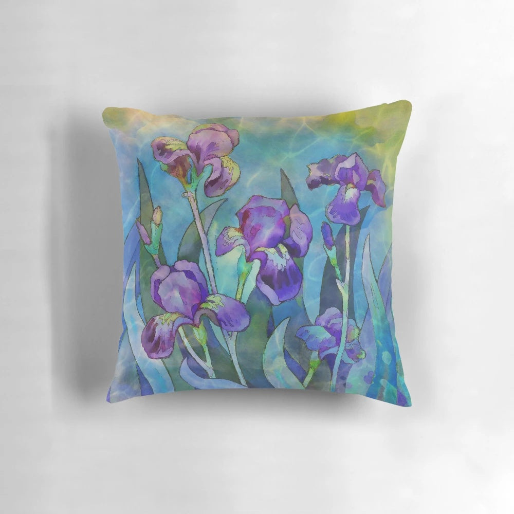 Colorful watercolor iris flower design on a decorative throw pillow