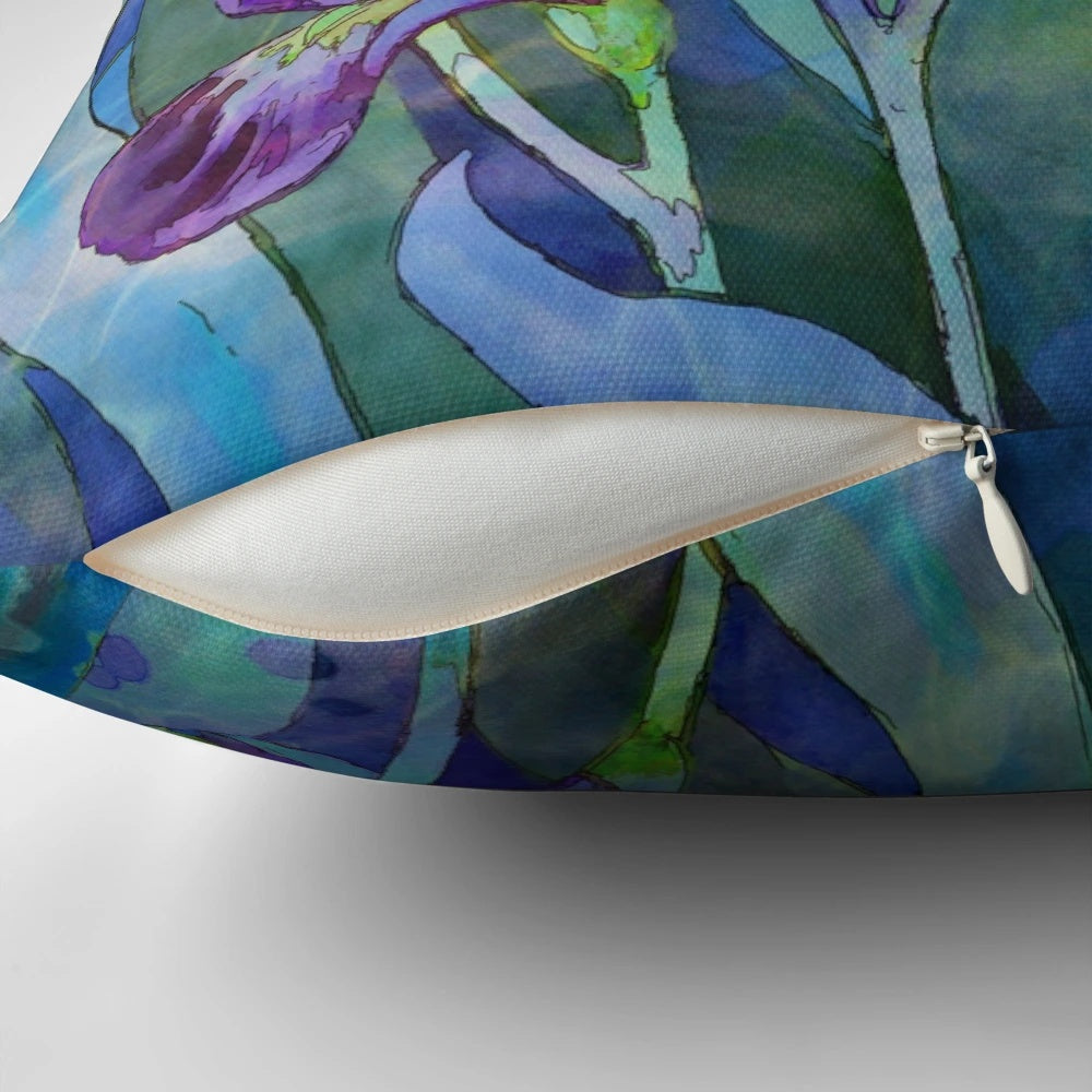 Colorful watercolor iris flower design on a decorative throw pillow