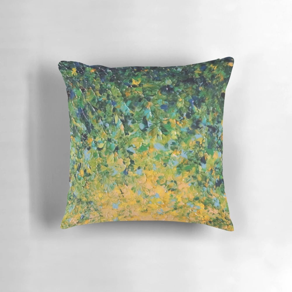 Colorful abstract painting of a vibrant Irish sunrise landscape on a throw pillow