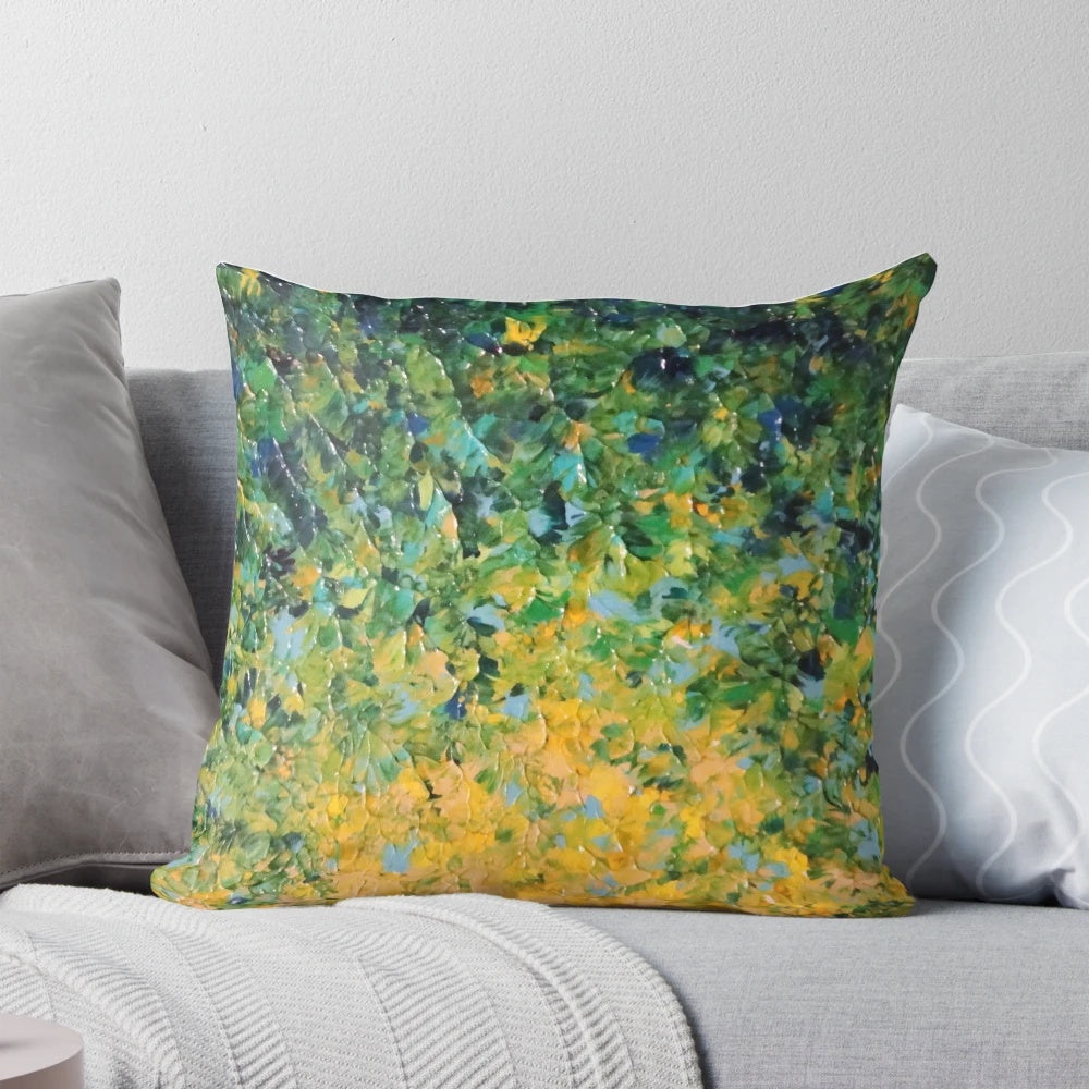 Colorful abstract painting of a vibrant Irish sunrise landscape on a throw pillow